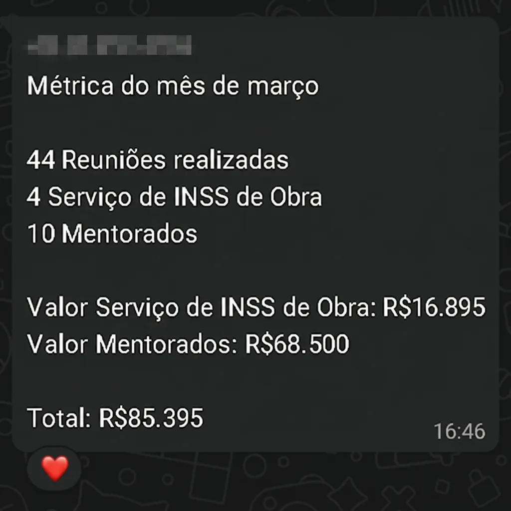 Print de WhatsApp de cliente mostrando métrica do mês: 44 reuniões, R$ 85.395 em receita total
